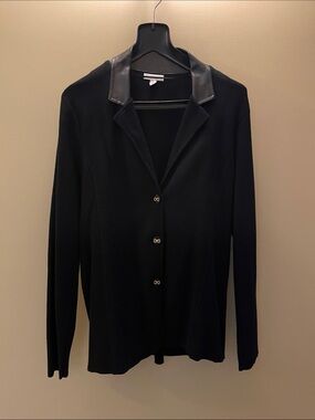 Charter Club Black Button-Up Cardigan with Faux Leather Collar